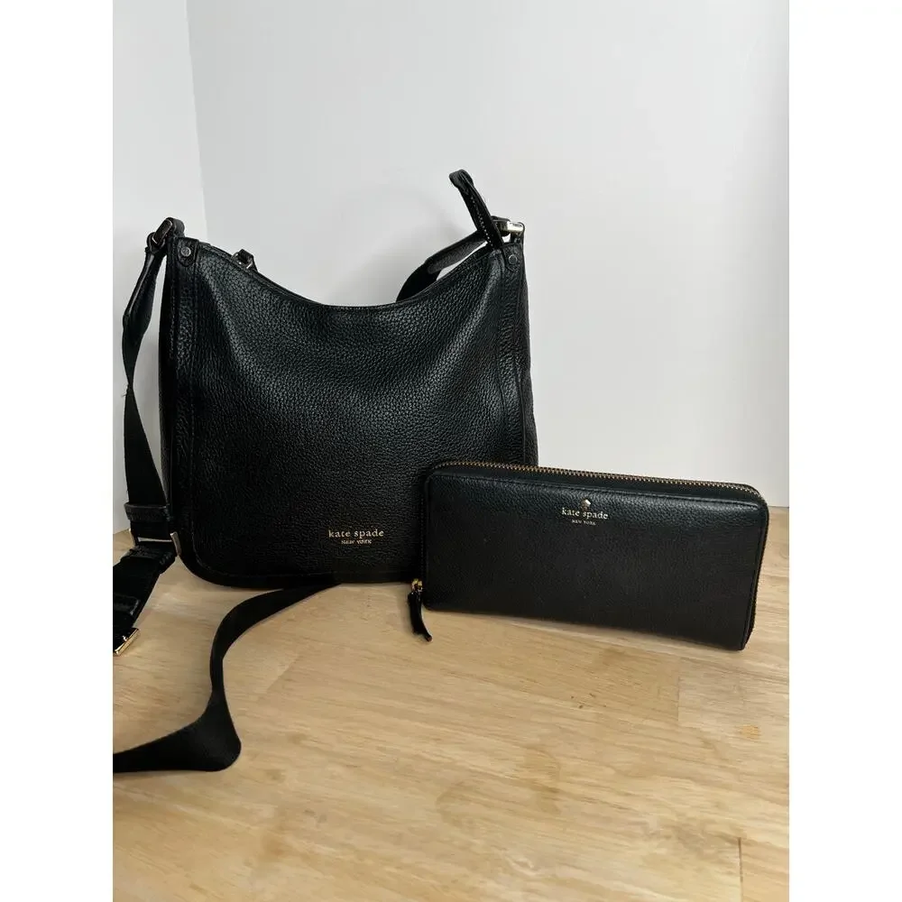 Kate Spade New York Roulette Medium Black Pebbled Messenger Bag and Wallet Set - Picture 3 of 11